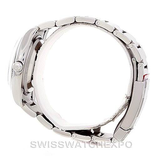 The image shows a side view of a Rolex Air-King 114200 Men's Stainless Steel Blue Dial 114200 Men's Stainless Steel Blue Dial watch, clearly displaying the bracelet and crown.