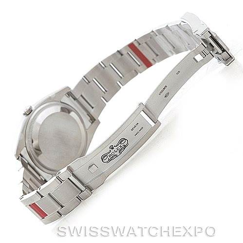 This image shows the open clasp and underside of the Rolex Air-King 114200 Men's Stainless Steel Blue Dial 114200 Men's Stainless Steel Blue Dial watch, displaying its bracelet and case back.