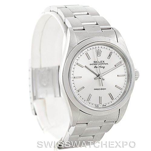 The image shows a Rolex Air-King 14000 Men's Stainless Steel Silver Dial 14000 Men's Stainless Steel Silver Dial model watch from an angled side view, highlighting the face, bezel, and bracelet.