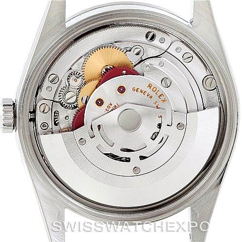 This image shows the internal mechanism of the Rolex Air-King 14000 Men's Stainless Steel Silver Dial 14000 Men's Stainless Steel Silver Dial watch viewed from the back.