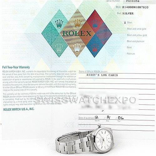 The image shows a Rolex Air-King 14000 Men's Stainless Steel Silver Dial 14000 Men's Stainless Steel Silver Dial watch in a three-quarter view along with its warranty card and documentation.