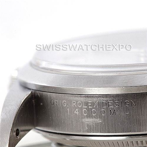 The image shows a close-up side view of the Rolex Air-King 14000 Men's Stainless Steel Silver Dial 14000 Men's Stainless Steel Silver Dial model, focusing on the bezel and engraved serial number.