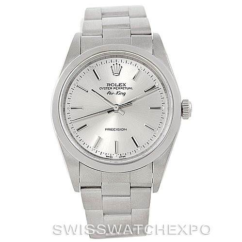 This image shows a Rolex Air-King 14000 Men's Stainless Steel Silver Dial 14000 Men's Stainless Steel Silver Dial watch from a front angle, displaying the dial, bezel, crown, and bracelet.