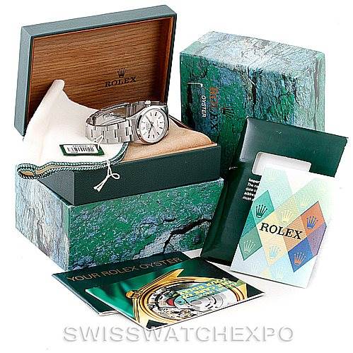 The image shows a Rolex Air-King 14000 Men's Stainless Steel Silver Dial 14000 Men's Stainless Steel Silver Dial watch with its box, papers, and accessories displayed from a front angle.