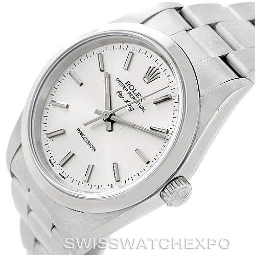 The Rolex Air-King 14000 Men's Stainless Steel Silver Dial 14000 Men's Stainless Steel Silver Dial watch is shown in a slightly angled view, displaying its face, bezel, crown, and part of the bracelet.