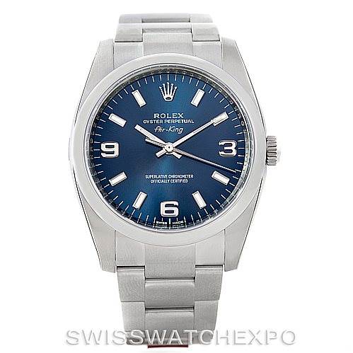 The image shows a front view of the Rolex Air-King 114200 Men's Stainless Steel Blue Dial 114200 Men's Stainless Steel Blue Dial watch, displaying its stainless steel case, bracelet, and blue dial.
