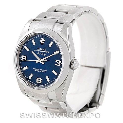 The image shows a side angle of the Rolex Air-King 114200 Men's Stainless Steel Blue Dial 114200 Men's Stainless Steel Blue Dial watch, highlighting its blue dial, stainless steel case, and bracelet.