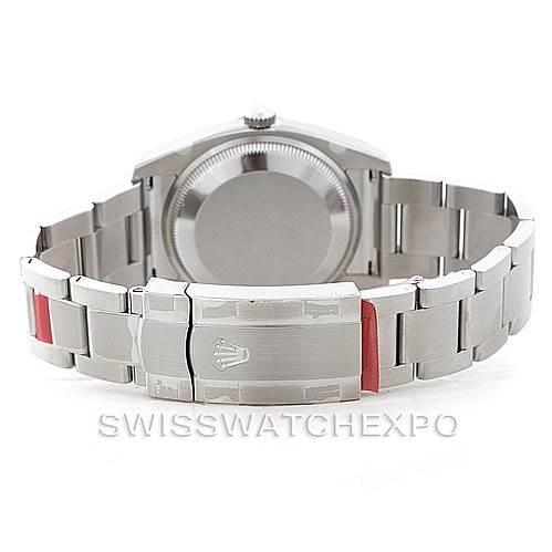 The image shows the back view of a Rolex Air-King 114200 Men's Stainless Steel Blue Dial 114200 Men's Stainless Steel Blue Dial watch, displaying the closed clasp and part of the bracelet.