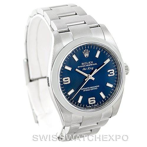 This image shows a front angle view of a Rolex Air-King 114200 Men's Stainless Steel Blue Dial 114200 Men's Stainless Steel Blue Dial watch, highlighting the dial, bracelet, and crown.