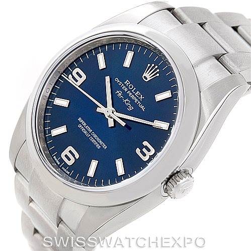 This image shows a Rolex Air-King 114200 Men's Stainless Steel Blue Dial 114200 Men's Stainless Steel Blue Dial watch at an angled side view, displaying its blue dial, crown, and stainless steel bracelet.