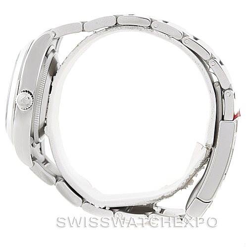 The image shows a side profile of a Rolex Air-King 114200 Men's Stainless Steel Blue Dial 114200 Men's Stainless Steel Blue Dial watch, featuring the crown, case, and bracelet.