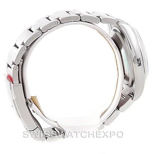 The image shows a Rolex Air-King 114200 Men's Stainless Steel Blue Dial 114200 Men's Stainless Steel Blue Dial watch viewed from the side, highlighting the bracelet and the side profile of the case.