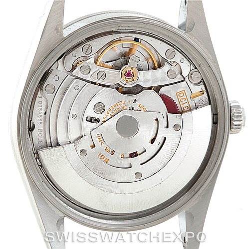 This image shows the movement of a Rolex Air-King 14000 Men's Stainless Steel Silver Dial 14000 Men's Stainless Steel Silver Dial watch, displaying internal mechanical parts from a rear angle.
