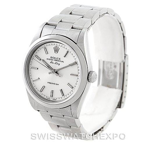 This image shows a Rolex Air-King 14000 Men's Stainless Steel Silver Dial 14000 Men's Stainless Steel Silver Dial watch at a slight angle, displaying the face, bezel, crown, and bracelet.