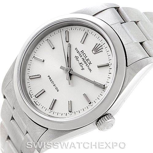 This image shows a Rolex Air-King 14000 Men's Stainless Steel Silver Dial 14000 Men's Stainless Steel Silver Dial watch at a slight angle, displaying the dial, crown, and part of the bracelet.