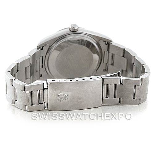 This image shows the backside and clasp of a Rolex Air-King 14000 Men's Stainless Steel Silver Dial 14000 Men's Stainless Steel Silver Dial watch, highlighting the stainless steel bracelet and logo-engraved clasp.