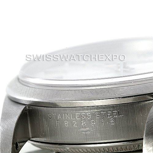 The image shows a close-up side view of a Rolex Air-King 14000 Men's Stainless Steel Silver Dial 14000 Men's Stainless Steel Silver Dial watch, focusing on the stainless steel case and part of the serial number.