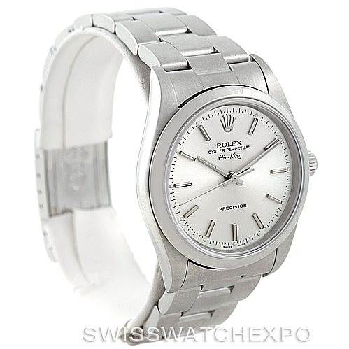 This image shows a Rolex Air-King 14000 Men's Stainless Steel Silver Dial 14000 Men's Stainless Steel Silver Dial watch at a slight angle, displaying its face, bezel, and a portion of the bracelet.