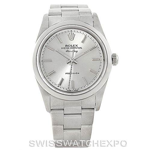 The image shows a frontal view of a Rolex Air-King 14000 Men's Stainless Steel Silver Dial 14000 Men's Stainless Steel Silver Dial watch, showcasing its dial, hour markers, and bracelet.
