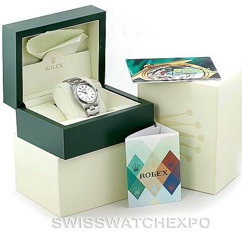 The image shows a Rolex Air-King 14000 Men's Stainless Steel Silver Dial 14000 Men's Stainless Steel Silver Dial watch in its green presentation box, with the outer box and accompanying booklets.