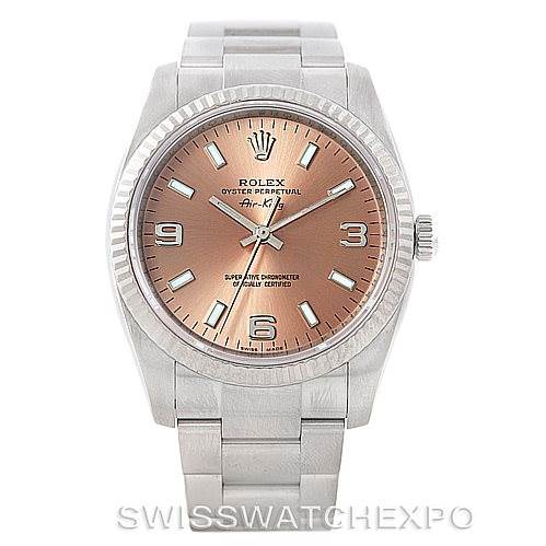 The image shows a frontal view of a Rolex Air-King 114234 Men's Stainless Steel Pink Dial 114234 Men's Stainless Steel Pink Dial watch with a salmon-colored dial and stainless steel bracelet.