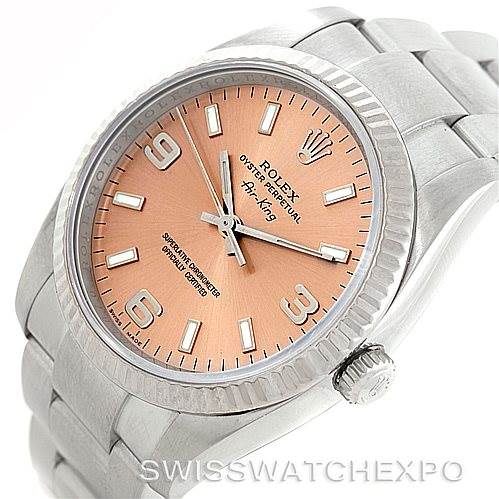 The image shows a Rolex Air-King 114234 Men's Stainless Steel Pink Dial 114234 Men's Stainless Steel Pink Dial watch from an angled top view, displaying the dial, crown, and part of the metallic bracelet.