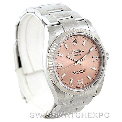 The image shows a Rolex Air-King 114234 Men's Stainless Steel Pink Dial 114234 Men's Stainless Steel Pink Dial watch from a front angle, highlighting its pink dial, stainless steel case, and bracelet.