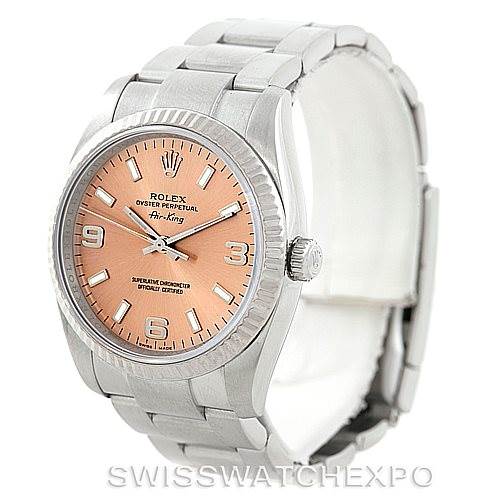 The image shows a Rolex Air-King 114234 Men's Stainless Steel Pink Dial 114234 Men's Stainless Steel Pink Dial watch with a pink dial, photographed from an angled front view focusing on the face and band.
