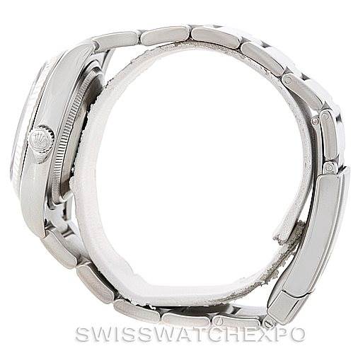 The image shows a side view of the Rolex Air-King 114234 Men's Stainless Steel Pink Dial 114234 Men's Stainless Steel Pink Dial watch, highlighting the crown, case, and bracelet.