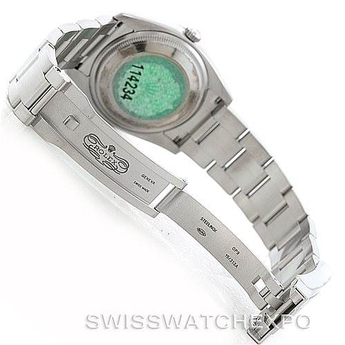 The image shows the back, bracelet, and clasp of a Rolex Air-King 114234 Men's Stainless Steel Pink Dial 114234 Men's Stainless Steel Pink Dial watch in a partially open position.