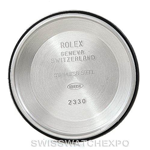 This image shows the inside of the case back for a Rolex Air-King 114234 Men's Stainless Steel Pink Dial 114234 Men's Stainless Steel Pink Dial watch, displaying the brand and material details.