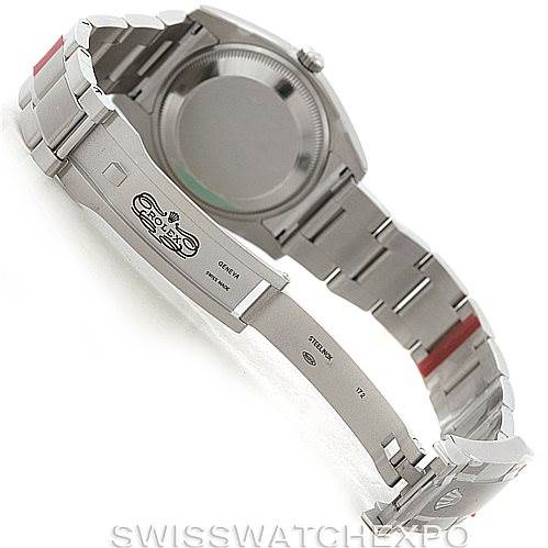 This image shows the back and bracelet of a Rolex Air-King 114200 Men's Stainless Steel Silver Dial 114200 Men's Stainless Steel Silver Dial watch at an angle displaying the clasp and case back.