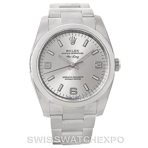 The image shows a front view of a Rolex Air-King 114200 Men's Stainless Steel Silver Dial 114200 Men's Stainless Steel Silver Dial watch, displaying the dial, hands, and bracelet.