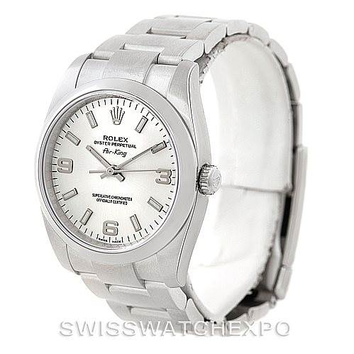 This image shows a Rolex Air-King 114200 Men's Stainless Steel Silver Dial 114200 Men's Stainless Steel Silver Dial watch from a front angle, highlighting the face, bezel, crown, and part of the stainless steel bracelet.