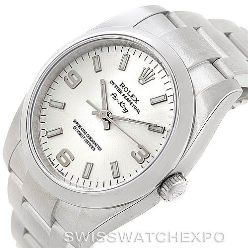 The image shows a Rolex Air-King 114200 Men's Stainless Steel Silver Dial 114200 Men's Stainless Steel Silver Dial watch, focusing on the dial and part of the bracelet from a slightly tilted top-down angle.