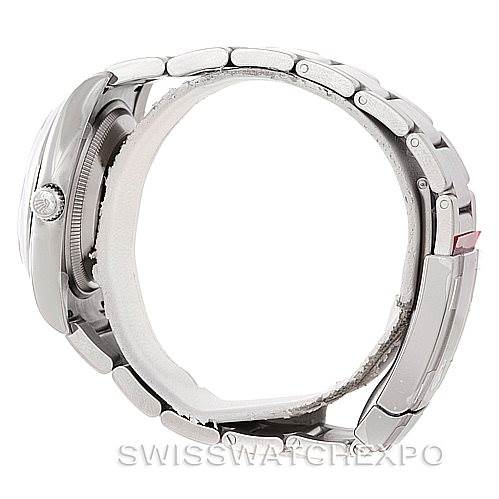 This image shows a side view of the Rolex Air-King 114200 Men's Stainless Steel Silver Dial 114200 Men's Stainless Steel Silver Dial watch, highlighting the case, crown, and bracelet.