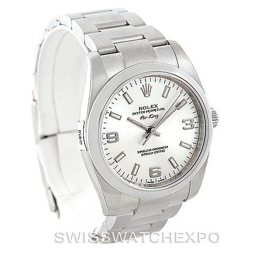 The image shows a front view of a Rolex Air-King 114200 Men's Stainless Steel Silver Dial 114200 Men's Stainless Steel Silver Dial watch, highlighting its dial, bezel, and bracelet.
