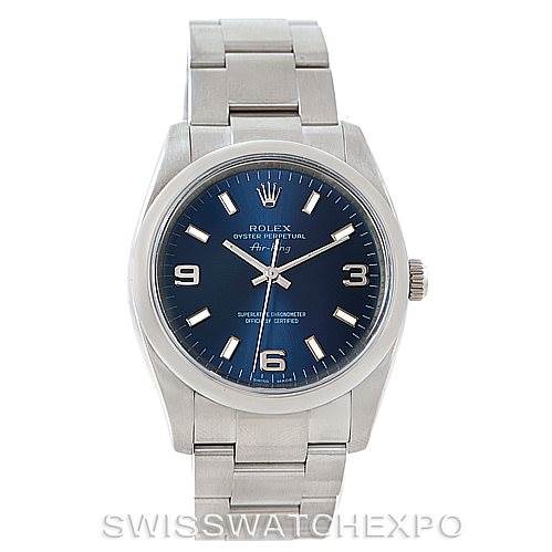 The image shows a front view of a Rolex Air-King 114200 Men's Stainless Steel Blue Dial 114200 Men's Stainless Steel Blue Dial watch with a blue dial and stainless steel bracelet.