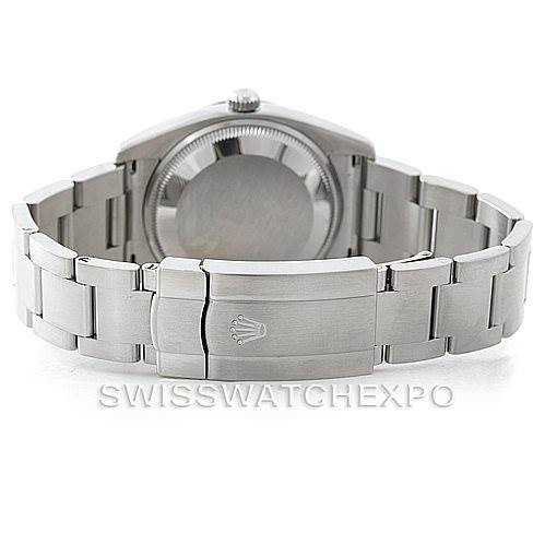 The image shows the back view of a Rolex Air-King 114200 Men's Stainless Steel Blue Dial 114200 Men's Stainless Steel Blue Dial watch, featuring the case back and the stainless steel bracelet with the clasp.