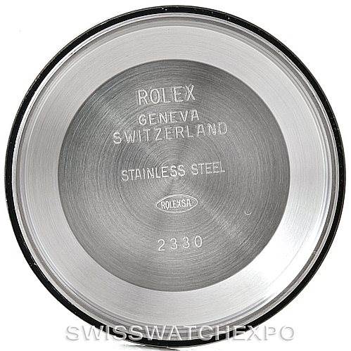 This image shows the inside of the case back of a Rolex Air-King 114200 Men's Stainless Steel Blue Dial 114200 Men's Stainless Steel Blue Dial watch, displaying the branding and material.