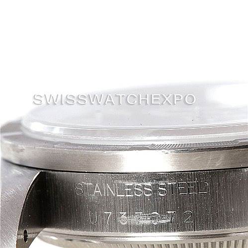 The image shows a close-up view of the side of a Rolex Air-King 14010 Men's Stainless Steel Black Dial 14010 Men's Stainless Steel Black Dial watch, highlighting the stainless steel case and part of the bezel.