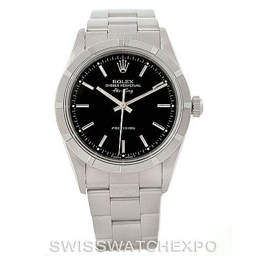 This image shows a frontal view of a Rolex Air-King 14010 Men's Stainless Steel Black Dial 14010 Men's Stainless Steel Black Dial watch, highlighting its dial, bezel, crown, and bracelet.