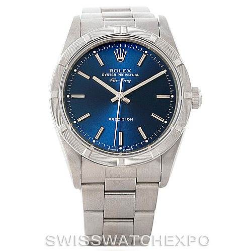 The image shows a frontal view of a Rolex Air-King 14010 Men's Stainless Steel Blue Dial 14010 Men's Stainless Steel Blue Dial watch, highlighting its blue dial and stainless steel bracelet.