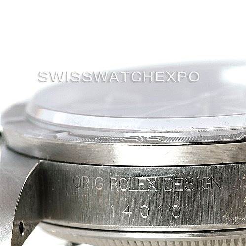 This image shows a close-up side view of the Rolex Air-King 14010 Men's Stainless Steel Blue Dial 14010 Men's Stainless Steel Blue Dial's casing, displaying the "ORIG ROLEX DESIGN" engraving and model number 14010.