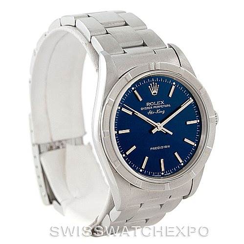 This image shows a Rolex Air-King 14010 Men's Stainless Steel Blue Dial 14010 Men's Stainless Steel Blue Dial watch at an angled perspective, highlighting its blue dial and stainless steel bracelet.