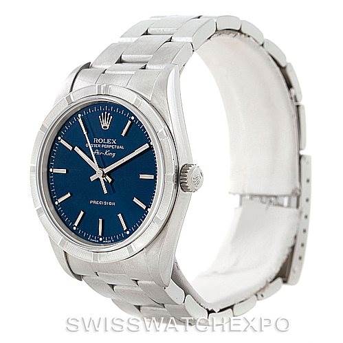 This image shows a side-angle view of a Rolex Air-King 14010 Men's Stainless Steel Blue Dial 14010 Men's Stainless Steel Blue Dial watch, showcasing the dial, bracelet, and crown.