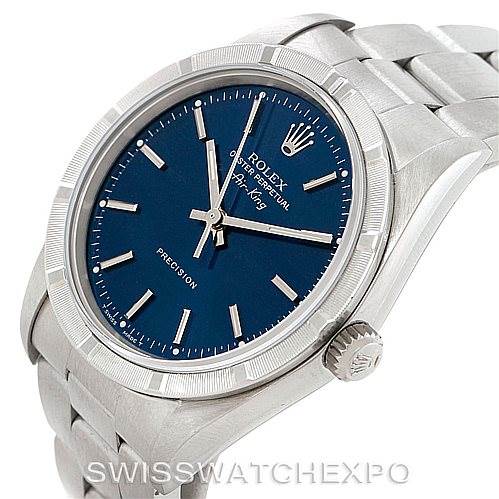 The Rolex Air-King 14010 Men's Stainless Steel Blue Dial 14010 Men's Stainless Steel Blue Dial watch is shown at a slight angle, displaying the dial, bezel, crown, and bracelet.