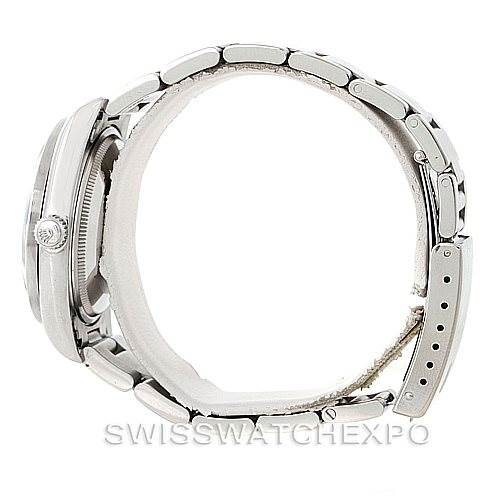 This side view image of the Rolex Air-King 14010 Men's Stainless Steel Blue Dial 14010 Men's Stainless Steel Blue Dial watch displays the full bracelet and side profile of the case and bezel.