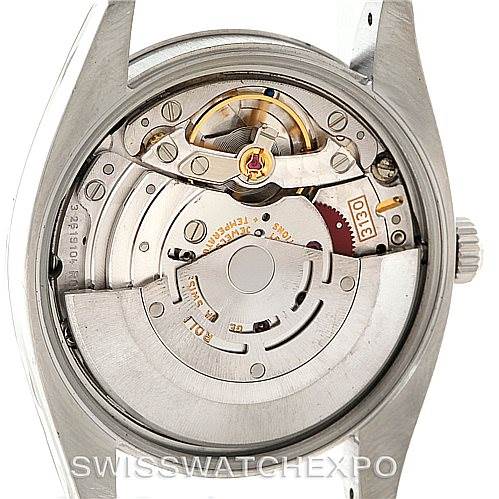 This image shows the internal mechanism of a Rolex Air-King 114200 Men's Stainless Steel White Dial 114200 Men's Stainless Steel White Dial watch, viewed from the back with the case back removed.