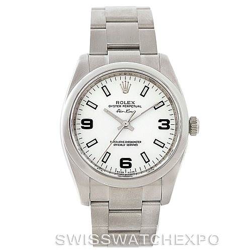 The image shows a front view of a Rolex Air-King 114200 Men's Stainless Steel White Dial 114200 Men's Stainless Steel White Dial watch, displaying the dial, case, and bracelet.